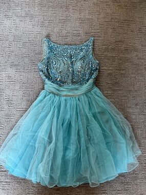 Sherri Hill Aqua Beaded Tulle Mini Dress with Scoop Neck